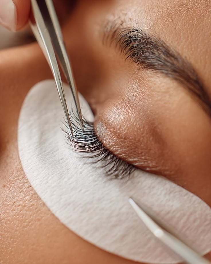 Primer plano de un ojo cerrado durante un tratamiento de pestañas con pinza