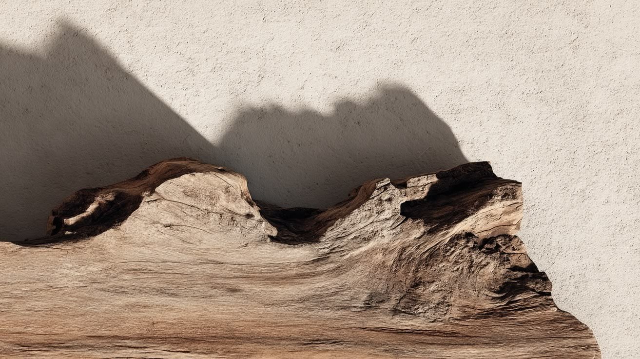 Tronco de madera natural apoyado contra una pared de textura clara, con su sombra a la luz del sol