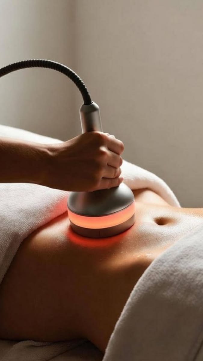 Tratamiento Vela Slim en el abdomen, con toallas blancas y luz cálida